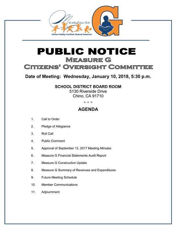 Flyer for Measure G Citizens' Oversight Committee meeting at 5:30 p.m. Jan. 10, 2018 at District Office